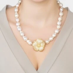 Latelita Poppy Flower Baroque Pearl Necklace Lemon Gold -Ornavique Sales 0133