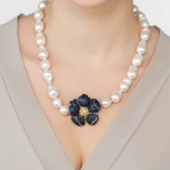 Latelita Poppy Flower Baroque Pearl Necklace Sapphire Blue Gold -Ornavique Sales 0134