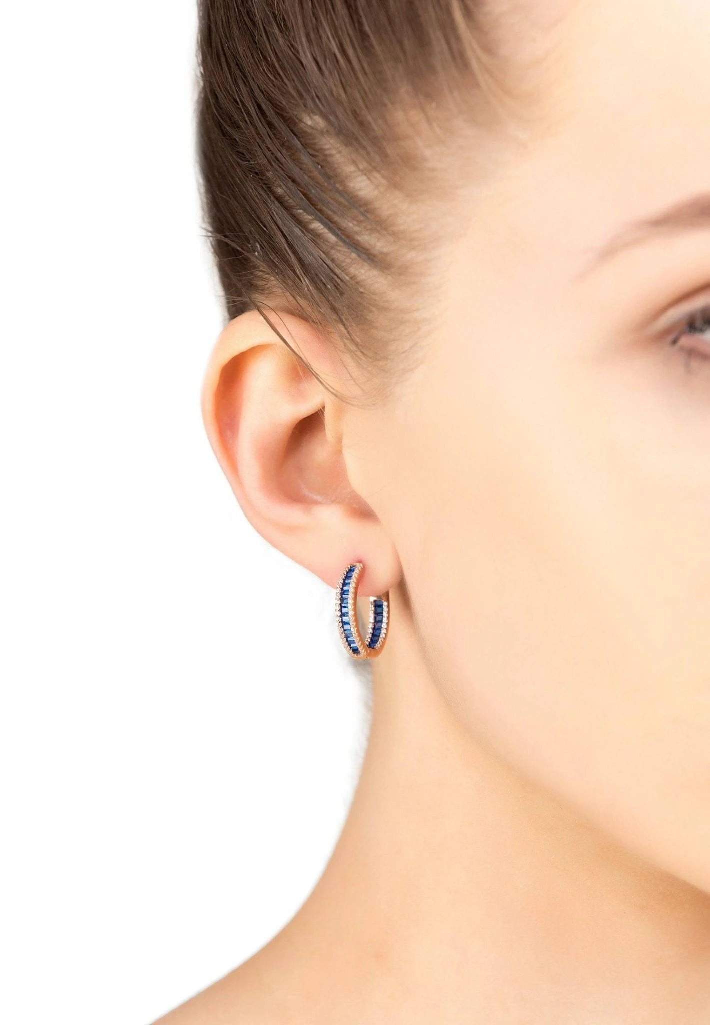 Latelita Baguette Hoop Earrings Small Rosegold Sapphire Blue 2 Latelita Baguette Hoop Earrings Small Rosegold Sapphire Blue - Image 2