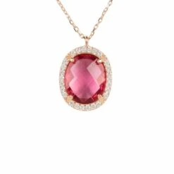 Latelita Beatrice Oval Gemstone Pendant Necklace Rose Gold Pink Tourmaline