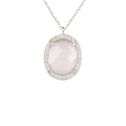 Latelita Beatrice Oval Gemstone Pendant Necklace Silver Rose Quartz