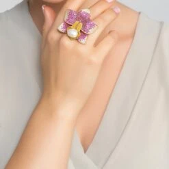 Latelita Daffodil With Pearl Cocktail Ring Gold Ruby CZ -Ornavique Sales daffodil with pearl cocktail ring gold ruby cz 194994