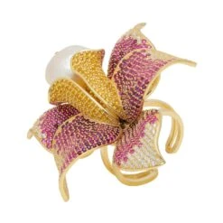Latelita Daffodil With Pearl Cocktail Ring Gold Ruby CZ -Ornavique Sales daffodil with pearl cocktail ring gold ruby cz 459775