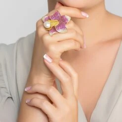 Latelita Daffodil With Pearl Cocktail Ring Gold Ruby CZ -Ornavique Sales daffodil with pearl cocktail ring gold ruby cz 596164