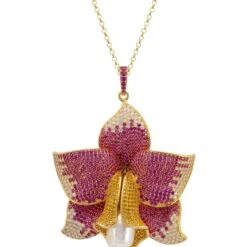 Latelita Daffodil With Pearl Pendant Necklace Gold Ruby CZ
