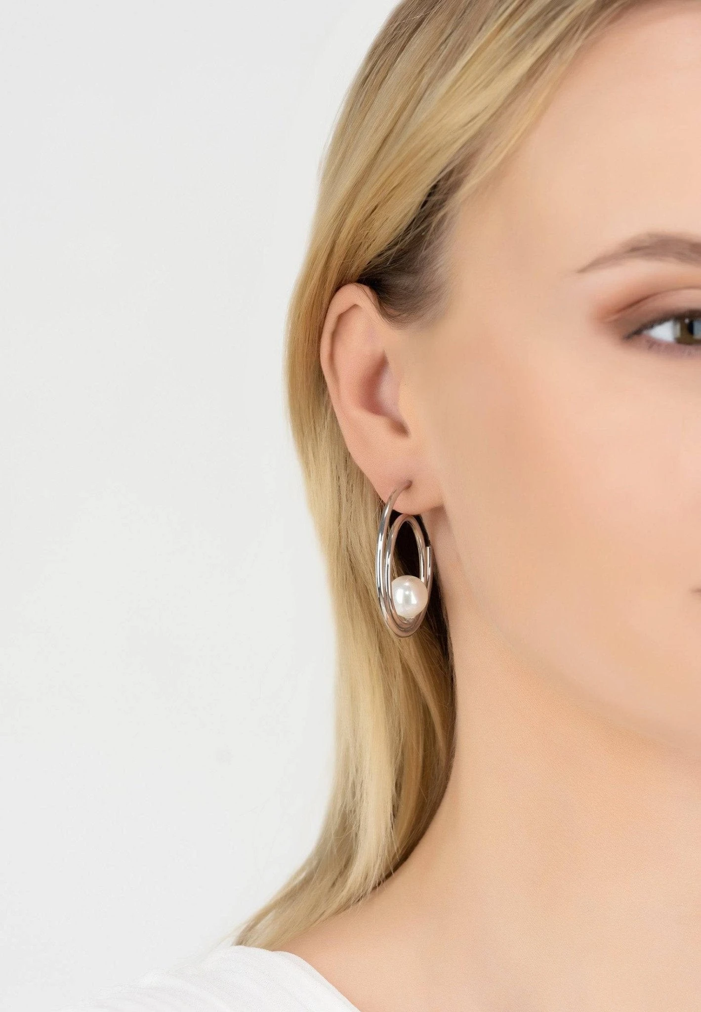 Latelita Double Hoop Pearl Earrings Silver 2 Latelita Double Hoop Pearl Earrings Silver - Image 2