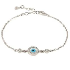 Latelita Evil Eye Round Mother Of Pearl Gemstone Bracelet Silver