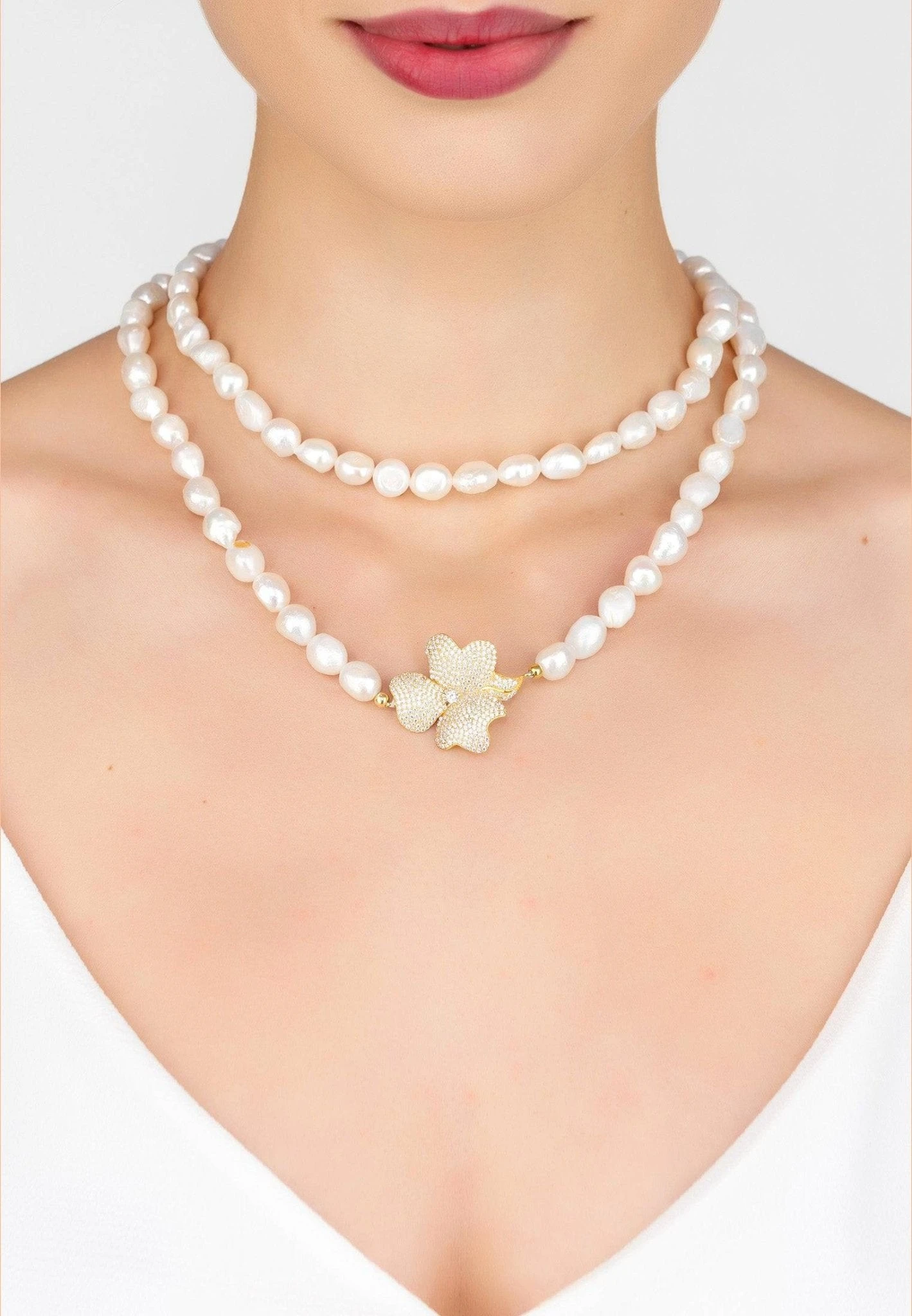 Latelita Flower Pearl Gemstone Long Necklace White Cz Gold 3 Latelita Flower Pearl Gemstone Long Necklace White Cz Gold - Image 3