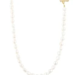 Latelita Flower Pearl Gemstone Long Necklace White Cz Gold