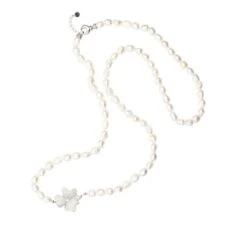 Latelita Flower Pearl Gemstone Long Necklace White Cz Silver -Ornavique Sales flower pearl gemstone long necklace white cz silver 214942
