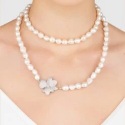Latelita Flower Pearl Gemstone Long Necklace White Cz Silver -Ornavique Sales flower pearl gemstone long necklace white cz silver 964684