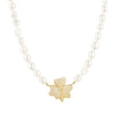 Latelita Flower Pearl Mid Length Necklace White Cz Gold
