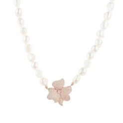 Latelita Flower Pearl Mid Length Necklace White Cz Rosegold