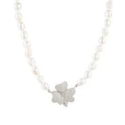 Latelita Flower Pearl Mid Length Necklace White Cz Silver