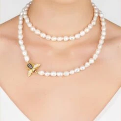 Latelita Honey Bee Pearl Gemstone Long Necklace Gold -Ornavique Sales honey bee pearl gemstone long necklace gold 836737