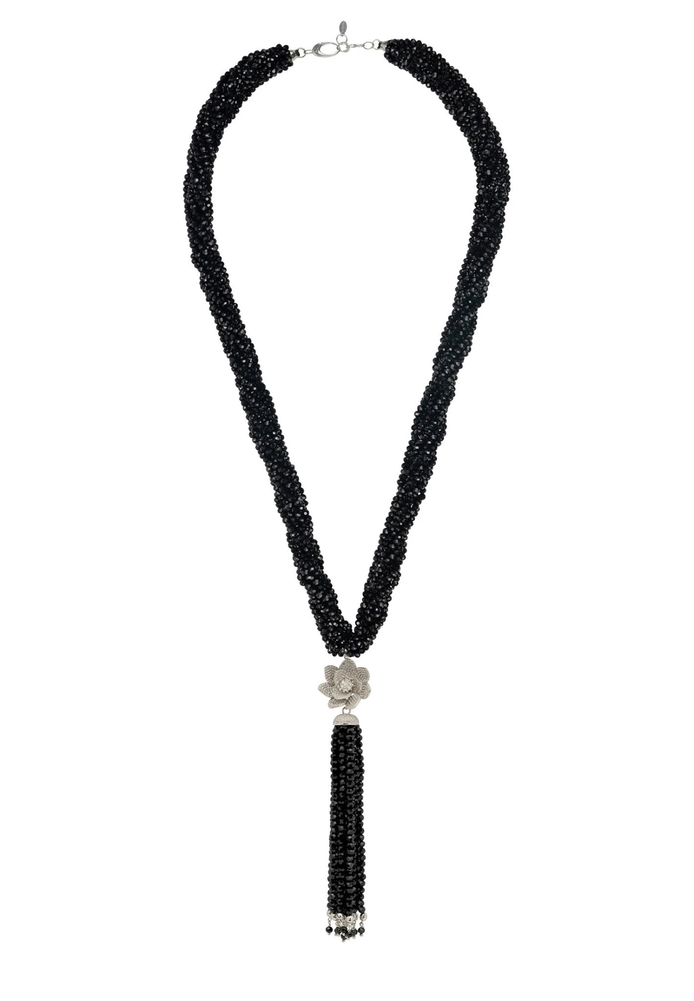 Latelita Lotus Flower Tassel Statement Necklace Black Spinel Silver 3 Latelita Lotus Flower Tassel Statement Necklace Black Spinel Silver - Image 3