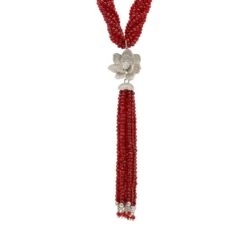 Latelita Lotus Flower Tassel Statement Necklace Garnet Red Silver