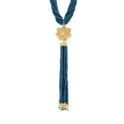 Latelita Lotus Flower Tassel Statement Necklace Iolite Blue Gold