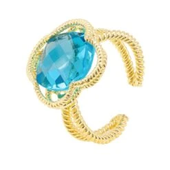 Latelita Open Clover Gemstone Cocktail Ring Gold Blue Topaz
