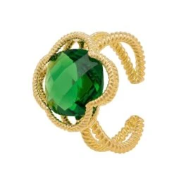 Latelita Open Clover Gemstone Cocktail Ring Gold Emerald