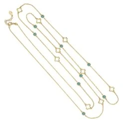 Latelita Open Clover Long Gemstone Necklace Gold Turquoise -Ornavique Sales open clover long gemstone necklace gold turquoise 487651