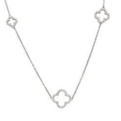 Latelita Open Clover Long White Cz Necklace Silver