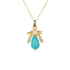 Latelita Turquoise & Pearl Gemstone Bee Pendant Necklace Gold
