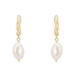 Latelita Twisted Flax Pearl Hoop Earrings Gold
